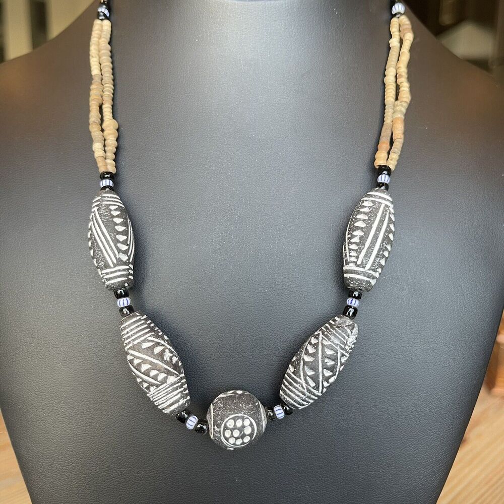 African Mali Clay Beaded Necklace Tribal Trade Bead 19” Length Barrel Clasp
